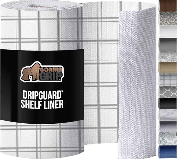 GORILLA GRIP DripGuard Drawer and Shelf Liner for Cabinet, 20x240 Inch, Slip Resistant Non Adhesive Protection for Kitchen, BPA Free Smooth Surface Plastic Liners for Cabinets, Drawers, Gray Stripe