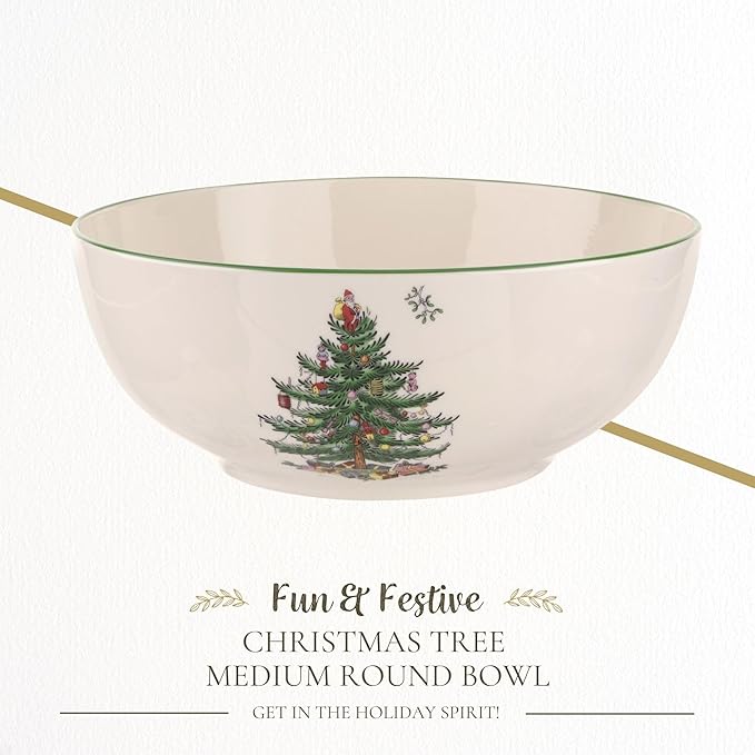 Spode Christmas Tree Round Serving Bowl - 8-Inch Ceramic Bowl for Pasta, Salad, Soup, and Side Dishes - Elegant Porcelain Design, Stackable, Dishwasher & Microwave Safe - Ideal for Holiday Gatherings