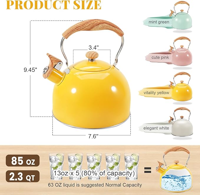 GGC Whistling Tea Kettle for Stove Top, 85OZ/2.6QT Stainless Steel Tea Kettles for Boiling Water Milik or Coffee, Yellow Tea Pots with Wood Pattern Folding Handle, Thumb Design Control Kettle Outlet