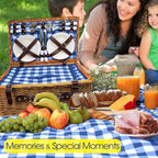 Nature Gear Picnic Basket, Wicker Basket with Handle for Outdoors, Insulated Woven Basket, Includes a Service Kit of Dinnerware & Wine Glasses, Picnic Basket Set for 4 with Blanket, Blue & White