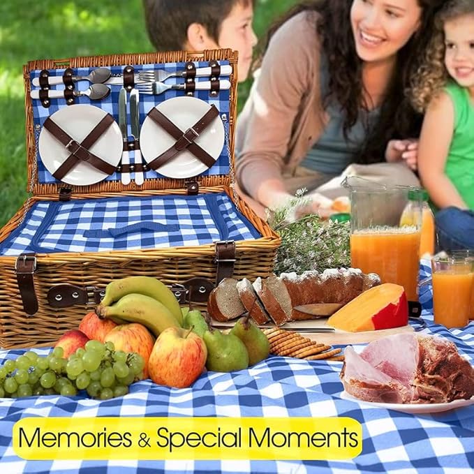 Nature Gear Picnic Basket, Wicker Basket with Handle for Outdoors, Insulated Woven Basket, Includes a Service Kit of Dinnerware & Wine Glasses, Picnic Basket Set for 4 with Blanket, Blue & White