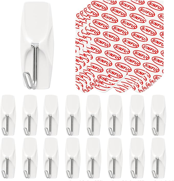 Wire Hooks for Wall Medium 16 Hooks, Heavy Duty Wall Hooks with 16 Strips, Damage Free Adhesive Hooks for Key Holder, Coat, Door, Shower Hanging