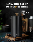 POLIVIAR French Press Coffee Maker, 34 Ounce Coffee Press with Real Wood Handle, Double Wall Insulation & Dual- Filter Screen, Food Grade Stainless Steel for Good Coffee and Tea (Vintage)