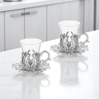 Alisveristime (Set of 2 Turkish Tea Set with Zamac Holders, Glass Cups, and Saucers – Ahsen Ottoman Design, 100ml Capacity, Available in Gold or Silver Color (Silver)