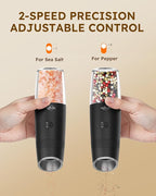 Sangcon 2-Speed Gravity Electric Salt and Pepper Grinder Set RECHARGEABLE, Automatic Salt Pepper Shakers with Charging Base - LED Light One Hand Operated, External Adjustable Coarseness Pepper Mill