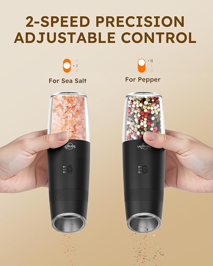 Sangcon 2-Speed Gravity Electric Salt and Pepper Grinder Set RECHARGEABLE, Automatic Salt Pepper Shakers with Charging Base - LED Light One Hand Operated, External Adjustable Coarseness Pepper Mill