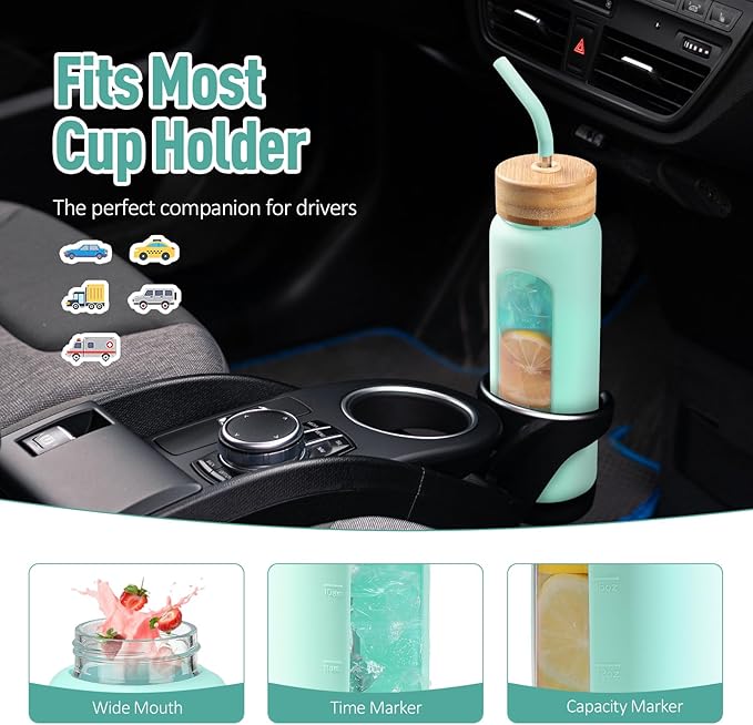 Kodrine Water Bottle with Straw, 24 oz Glass water Bottle with 2 Lids Bamboo Straw Lid and Spout Lid with Handle, 32 oz Clear Water Bottle Glass for Sports Travel, Waterbottle with Time Marker