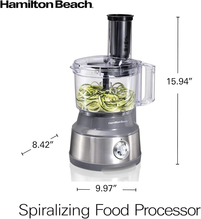 Hamilton Beach Food Processor & Vegetable Chopper for Slicing, Shredding, Mincing, and Puree, 10 Cups + Veggie Spiralizer makes Zoodles and Ribbons, Grey and Stainless Steel (70735)