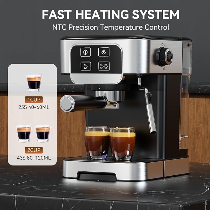 TEM612 Espresso Machine 20 Bar with Steam Milk Frother, Stainless Steel Coffee Machine with Removable Water Tank for Cappuccino,Latte, Compact Stainless Steel Coffee maker for home