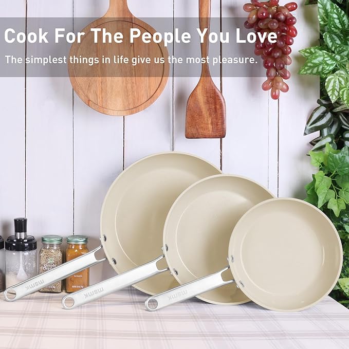 MsMk Ceramic Nonstick 8-inch, 9.5-inch and 11-inch Frying Pan Set, No PFAS & PTFE & PFOA, Stainless Steel Handle, Dishwasher & Oven Safe,induction Base