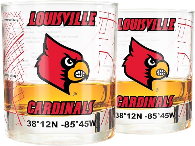 Greenline Goods – University of Louisville Cardinals College Whiskey Glasses (Set of 2), 10 oz – Full-Color Logo + Campus Map