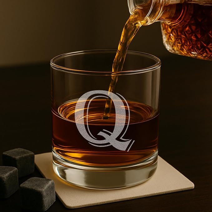 Monogrammed Gifts for Men - 4PC 11 Oz Custom Whiskey Glasses (Q-Monogram) - Engraved Whiskey Glasses - Personalized Whiskey Glasses - Unique Bourbon Glasses - Personalized Glass Gifts for Dad