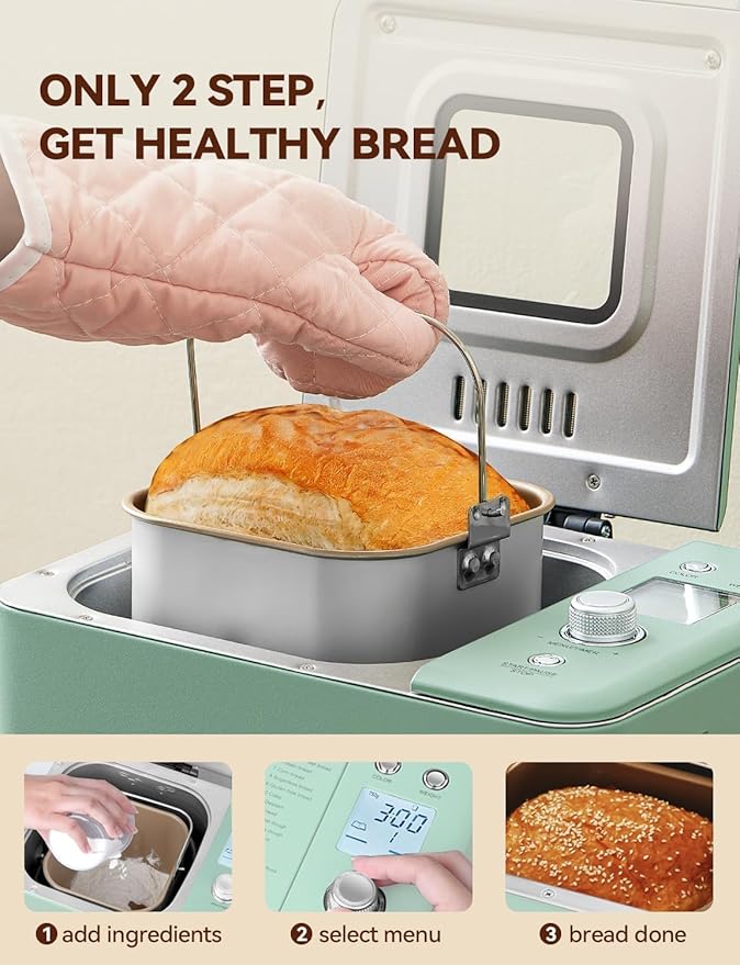 Neretva Bread Maker, 20-in-1 2LB Bread Machine Dual Heater & Nonstick Ceramic Pan Bread Makers Machine All Metal Compact for Gluten Free/Dough Maker/Meat Floss/Jam/Yogurt/Breadmaker Recipe-Light Green