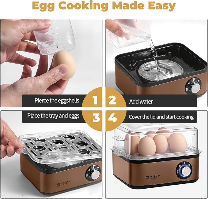 Annie & Mia Design Electric Egg Cooker, Stainless Steel 8 Egg Capacity egg boiler, 500W, Hard, Medium, Soft Boiled Egg Poacher, egg steamer, Multi-function, Knob Auto Shut-Off Function (Gold)