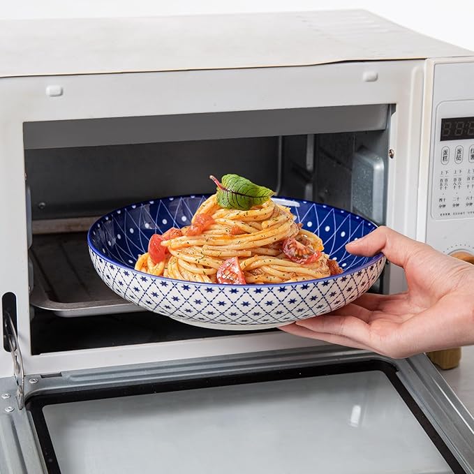 Ceramic Pasta Bowls Set - 32 OZ Porcelain Serving Soup Cereal Bowls 8.5 inch Wide and Shallow Salad Dinner Bowls - Microwave Dishwasher Oven Safe - Set of 4 - Vintage Blue