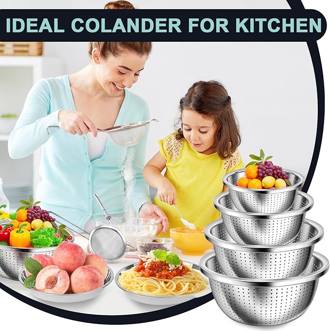 4+3 Stainless Steel Colander Set, 4 Sizes (1.8 qt, 2.3 qt, 3 qt, 4 qt) with 1 Mesh Strainer + 2 10-inch Stainless Steel Round Plates, for Washing Rice, Fruits, Vegetables, Draining Pasta, Meat