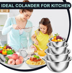 4+3 Stainless Steel Colander Set, 4 Sizes (1.8 qt, 2.3 qt, 3 qt, 4 qt) with 1 Mesh Strainer + 2 10-inch Stainless Steel Round Plates, for Washing Rice, Fruits, Vegetables, Draining Pasta, Meat