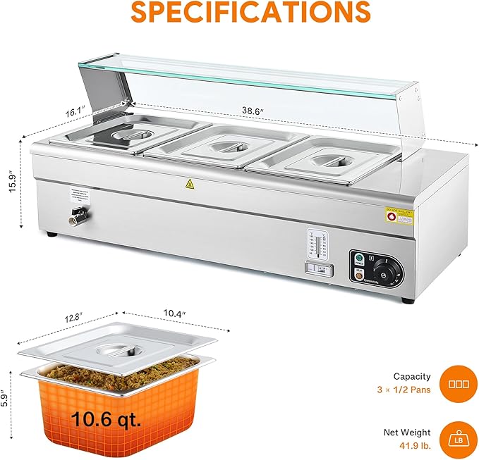 WILPREP 3-Pan Commercial Food Warmer with Sneeze Guard, Three 1/2 Pans, 1500W Countertop Electric Steam Table, 86-185°F Adjustable Temp Control, Stainless Steel Buffet Bain Marie