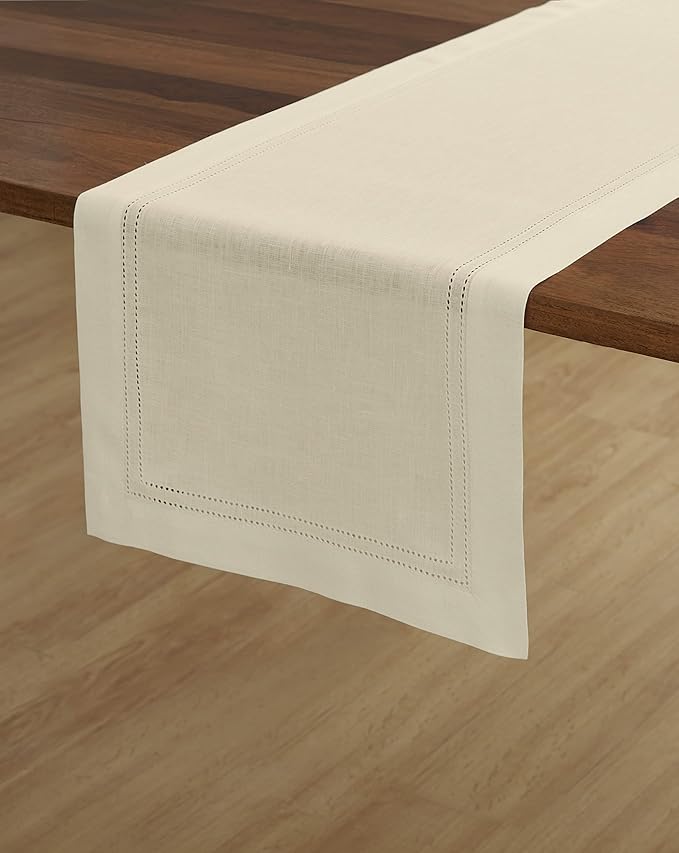 Solino Home Linen Ivory Table Runner 48 Inches - Double Hemstitch, 100% Pure Linen Coffee Table Runner 14 x 48 Inch Ideal for Dresser Tables - Summer, Fall, Autumn, Halloween