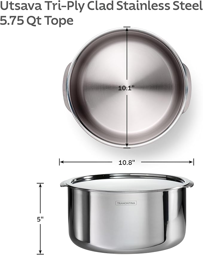 Tramontina Utsava 5.75-Quart Tri-Ply Clad Stainless Steel Tope with Lid, Large Patila Pot for Indian Cooking