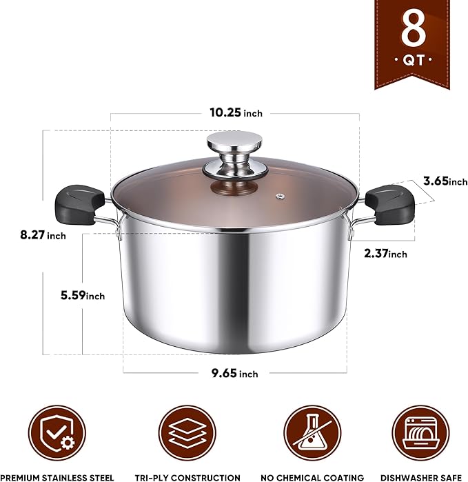 8-Qt Stock Pot, E-far 3-Ply Stainless Steel Stockpot with Lid for Cooking Simmering Soup Stew, Heavy Duty Cookware Works w/Induction, Non-toxic & Corrosion Resistant, Dishwasher Safe