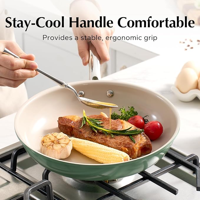 Redchef Ceramic Non Stick Egg Pans, Nonstick Frying Pan Skillet, 8 inch Cooking Pan Non Toxic with Stay Cool Handle for Induction, PTFE & PFAS & PFOA Free, Dishwasher/Oven Safe (Green)