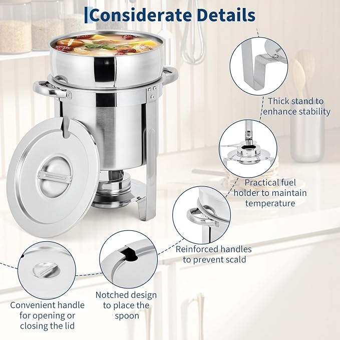 Commercial 11QT Soup Chafer Set, 4 Pack Stainless Steel Round Food Warmers Set with Pot, Notched Lids & Fuel Containers, Soup Warmers Ideal for Buffet Service & Event Catering