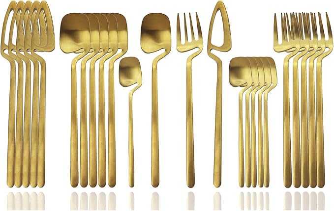 JASHII Silverware Set Satin Finish 24-Piece Stainless Steel Flatware Set Kitchen Utensil Set Service for 6 Tableware Cutlery Set Dishwasher Safe (Matte Gold)