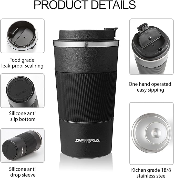 GEMFUL Travel Coffee Mug To Go Insulated Tumbler with Lid Portable Stainless Steel Reusable Leak proof Cups for Women Hot Cold Drinks 17oz (6 Pack)