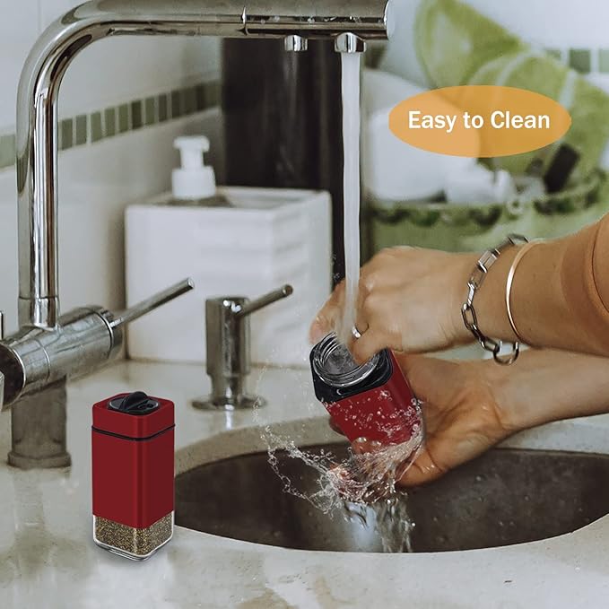 Red Salt and Pepper Shakers by Aelga, Glass Salt Shaker Set with Adjustable Pour Holes, Ideal for Black Pepper, Kosher and Himalayan