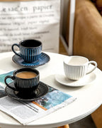 Hasense 4 Oz Espresso Cups with Saucers Set of 4, Ribbed Cappuccino Cups Ceramic for Coffee,Espresso,Double shot,Latte and Macchiato, Demitasse Cups Set Aesthetic Gift, White