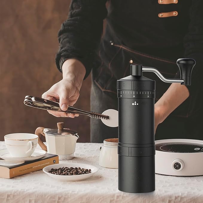 Manual Coffee Grinder with 7 Star Stainless Steel Conical Burr, Portable Coffee Grinder with External Adjustable Grind Setting (Black)