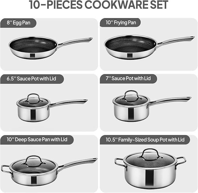 Bonnlo 10 Pieces Cookware Set, 3-Ply Stainless Steel Skillets Set, Non-Toxic Kitchen Set, Oven & Dishwasher Safe, Induction Cooking Set, PFOA & PTFE Free, Compatible for All Cooktops