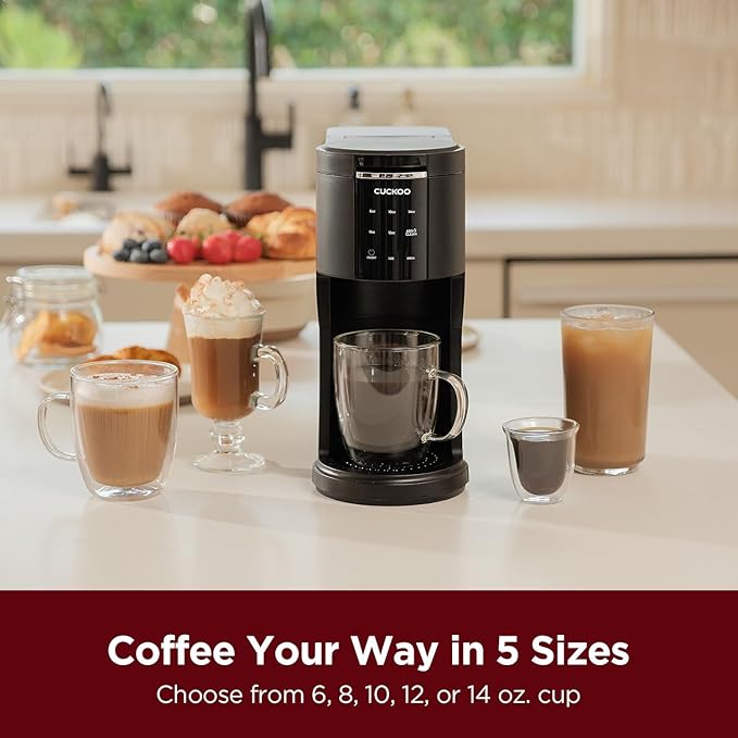CUCKOO Single Serve Coffee Maker for K-Cup Ground Beans & Loose-Leaf Tea, Versatile 3-in-1 Pod Coffee Maker, Small Single Cup Machine with 5 Sizes and Auto-Clean Mode (CCM-AK011B)