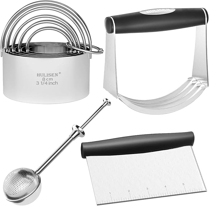 HULISEN Stainless Steel Biscuit Cutter Set, Flour Duster, Pastry Scraper and Dough Blender, Sturdy & Long-Lasting with Ergonomic Rubber Grip, Professional Baking Dough Tools, Gift Package (4 Pcs/Set)