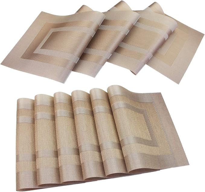 PIGCHCY Placemats with Matching Table Runner,Heat Resistant Vinyl Woven Washable Table mats Sets (6 Placemats+1 Table Runner,Champagne)