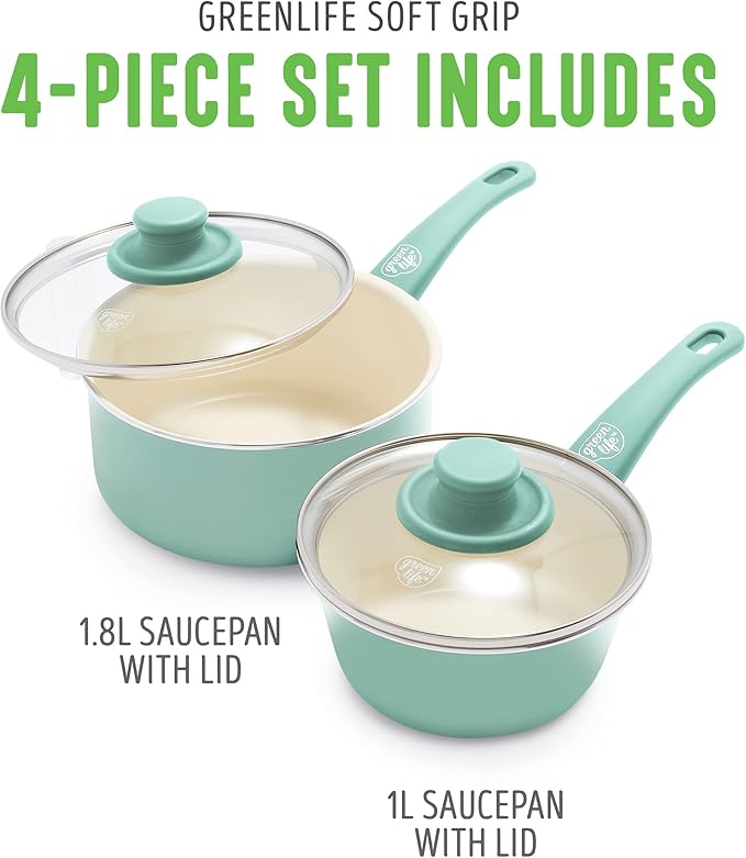 GreenLife Soft Grip 1QT and 2QT Saucepan Set, Healthy Ceramic Nonstick, Non Toxic PFAS & PFOA-Free, Dishwasher Safe, Glass Lids, Stay-Cool Handles, Easy Clean Cookware, Kitchen Essentials, Turquoise