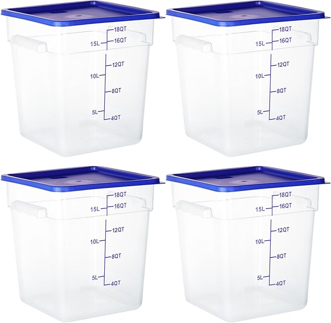 4 Pack Food Storage Containers, 18 Quart with Lids, Square Commercial Containers with Scale, Clear NSF Food Organizing, Polycarbonate