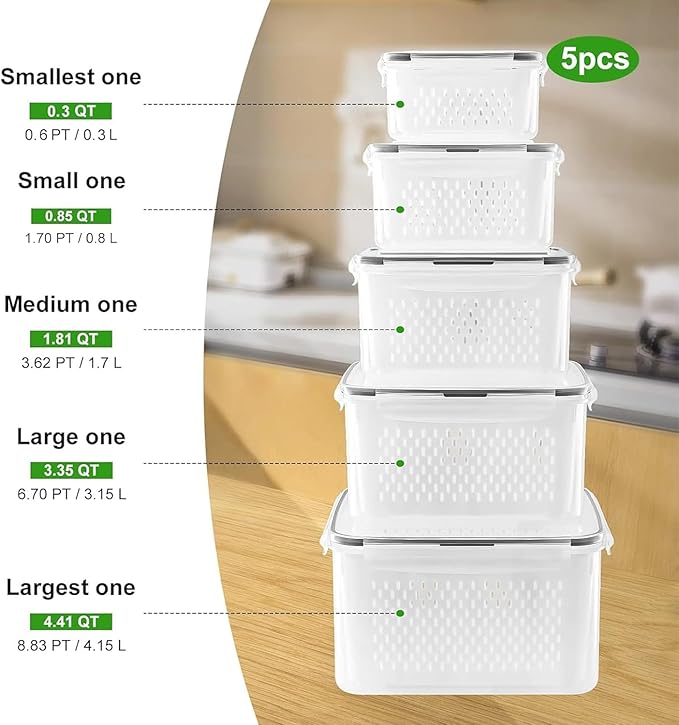 6 PCS Large Fruit Containers for Fridge - Leakproof Food Storage Containers with Removable Colander - Dishwasher & Microwave Safe Produce Containers Keep Fruits, Vegetables, Berry, Meat Fresh longer
