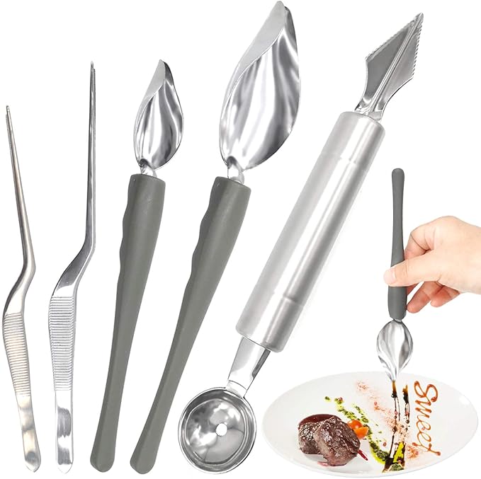 5 Pieces Culinary Drawing Decorating Spoon Set, Drizzle Spoons, Cooking Tweezers and Melon Baller Spoon, Professional Chef Tool for Decorating Plates