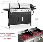 3 Burner Propane Gas and Charcoal Grill Combo with Side Burner & Porcelain-Enameled Cast Iron Grates, 37,000 BTUs 685 SQIN Dual Fuel Outdoor BBQ Grill for Patio Garden Picnic Backyard Barbecue Cooking