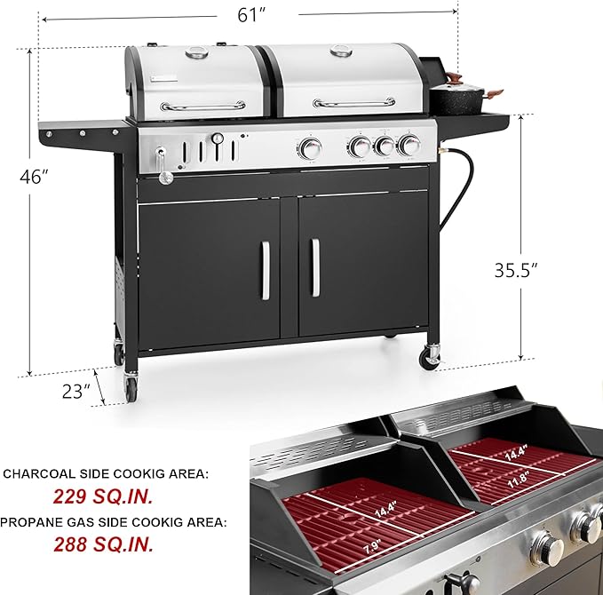 3 Burner Propane Gas and Charcoal Grill Combo with Side Burner & Porcelain-Enameled Cast Iron Grates, 37,000 BTUs 685 SQIN Dual Fuel Outdoor BBQ Grill for Patio Garden Picnic Backyard Barbecue Cooking
