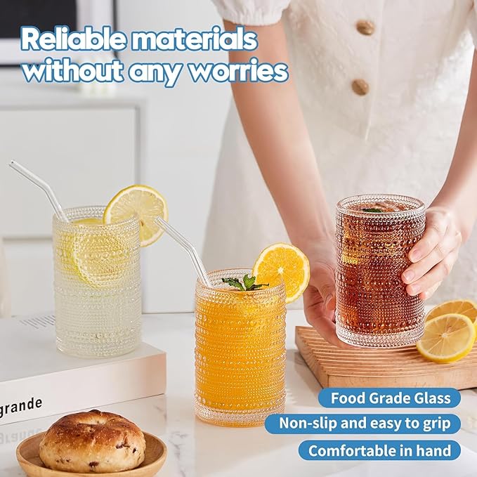 Vintage Hobnail Drinking Glasses Set of 12, 15oz Textured Tumblers - Embossed Clear Bar Glasses for Cocktails, Beer, Whiskey, Dishwasher-Safe Highball Cups for Kitchen, Juice & Mixed Drinks