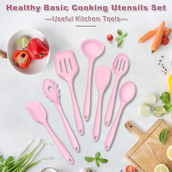 TeamFar Silicone Cooking Utensil Set of 7, Kitchen Nonstick Tools Turner Spoon Spatula Ladle Pasta Server for Nonstick Cookware, Healthy & One-Piece, Anti-Heat & Dishwasher Safe - Pink