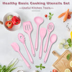 TeamFar Silicone Cooking Utensil Set of 7, Kitchen Nonstick Tools Turner Spoon Spatula Ladle Pasta Server for Nonstick Cookware, Healthy & One-Piece, Anti-Heat & Dishwasher Safe - Pink