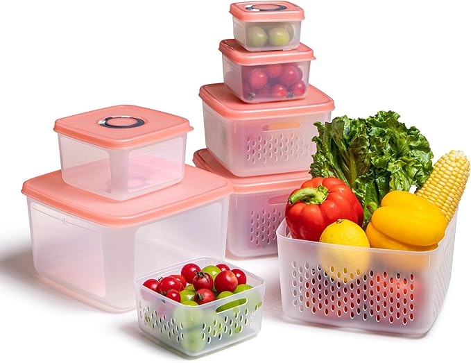 6 PCS Fruit Storage Containers for Fridge with Lids, BPA-Free, Produce Storage Containers with Removable Colander, Dishwasher & Microwave Safe for Salad Berry Lettuce Keeper