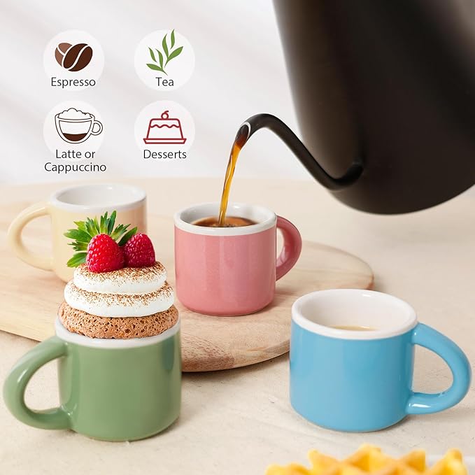 INGOFIN Ceramic Espresso Cups Set of 4, 2 oz Mini Espresso Mugs with Handle, Demitasse Coffee Cups Accessories, Microwave Dishwasher Safe Shot Cup Suit for Coffee Bar