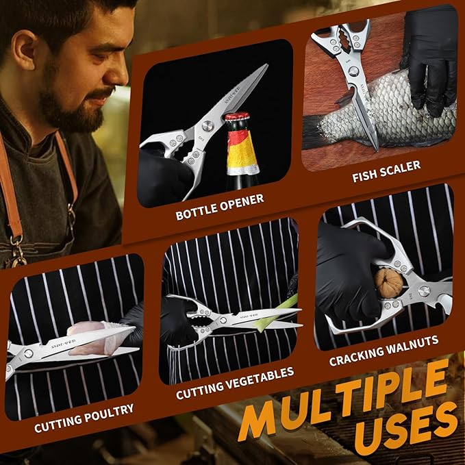 HUUSK Kitchen Scissors Set Silver - Upgraded Stainless Steel Kitchen Shear, Sharp Meat Scissors Dishwasher Safe, Heavy Duty Poultry Shears, Japanese Cooking Scissor for Food, Chicken Bones, and Turkey