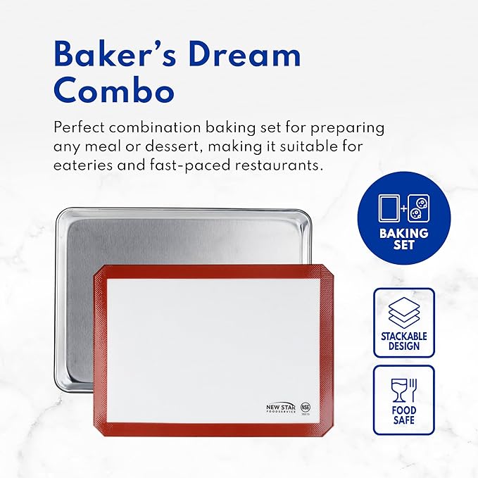 New Star Foodservice Commercial 18-Gauge Aluminum Sheet Pan & Silicone Baking Mat Set, 9 x 13 inch (Quarter Size)
