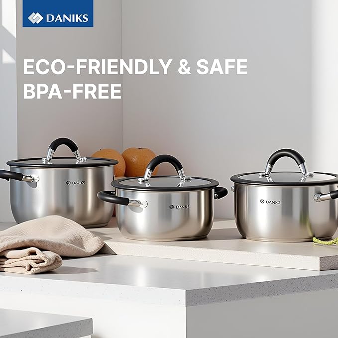 Daniks Orlando 11-Piece Stainless Steel Induction Cookware Set – Dishwasher Safe Saucepan, Frying Pan, Pots with Heatproof Handles, Glass Lids, Measuring Scale, Silver